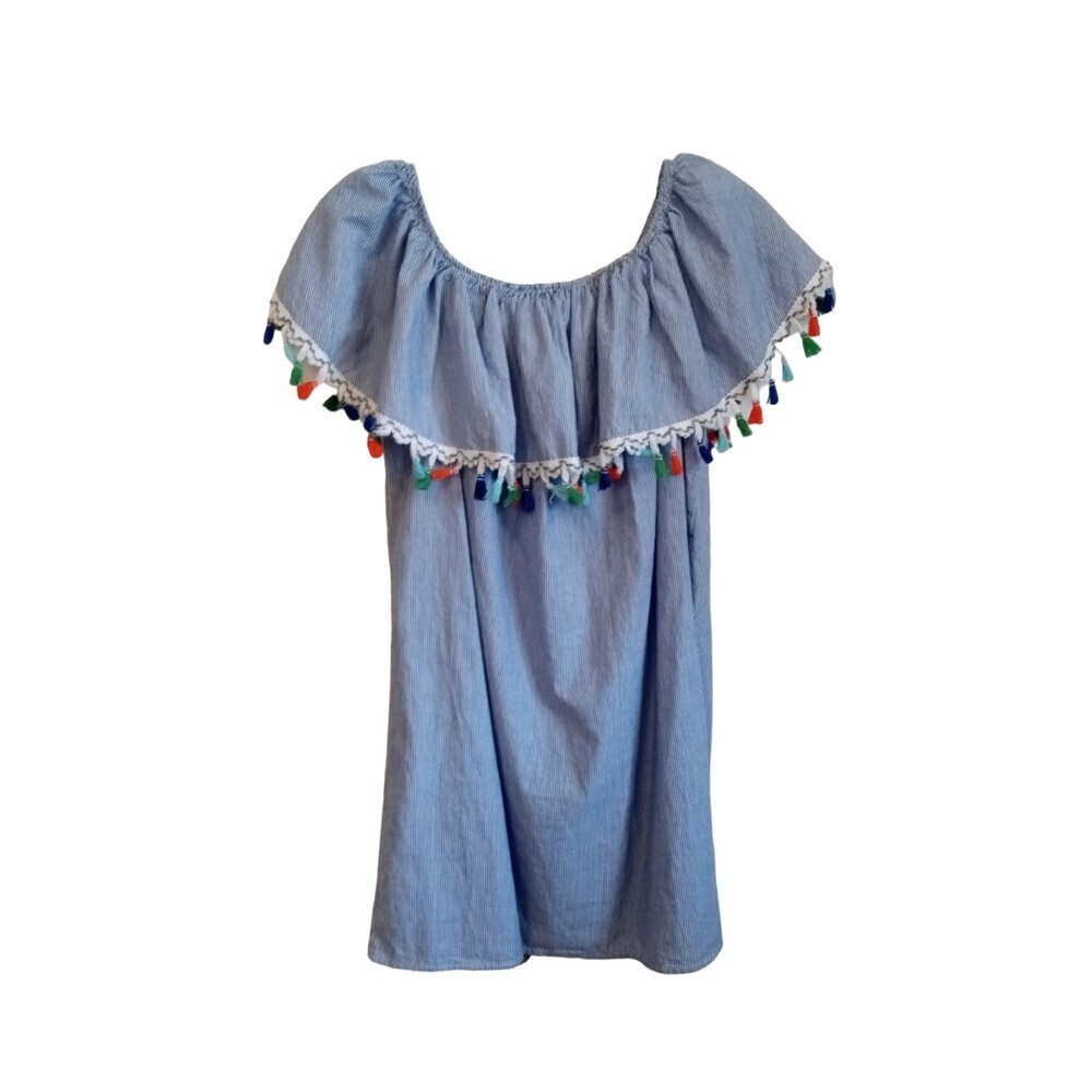 Shein boho blue and white‎ tassel neck blouse
